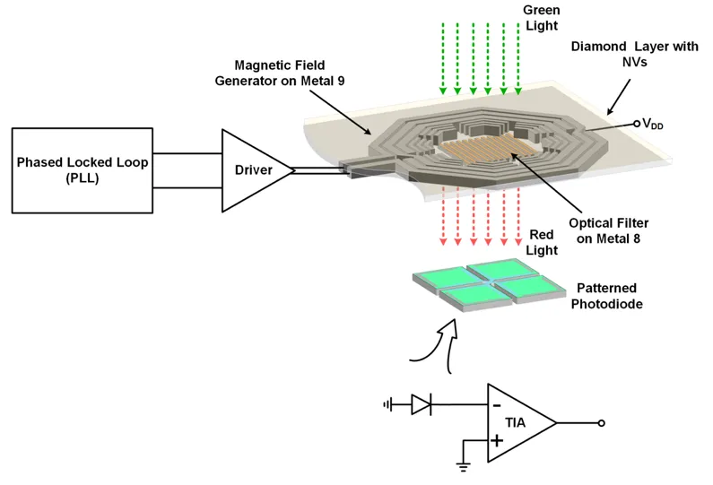 The MW spin manipulation stage (left), which is composed of frequency synthesis loop followed by switches and a driver then a MW coil. The optical readout stage (bottom right), which is composed of filter to reject the green excitation and photo-diode below the microwave antenna. Above the CMOS chip we put a layer of diamond and then shine green excitation