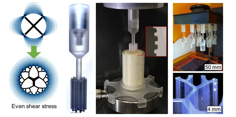 Images of fabricated fractal vane alone (left), mounted on the rheometer with a cup (middle) during the act of printing (right top), and a microscope image of the printing quality (right bottom)