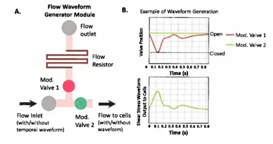 A. Flow Generator Module. B. Example of a waveform generation with time-varying positions of Mod. Valve 1 and Mod. Valve 2 and the resulting shear stress waveform